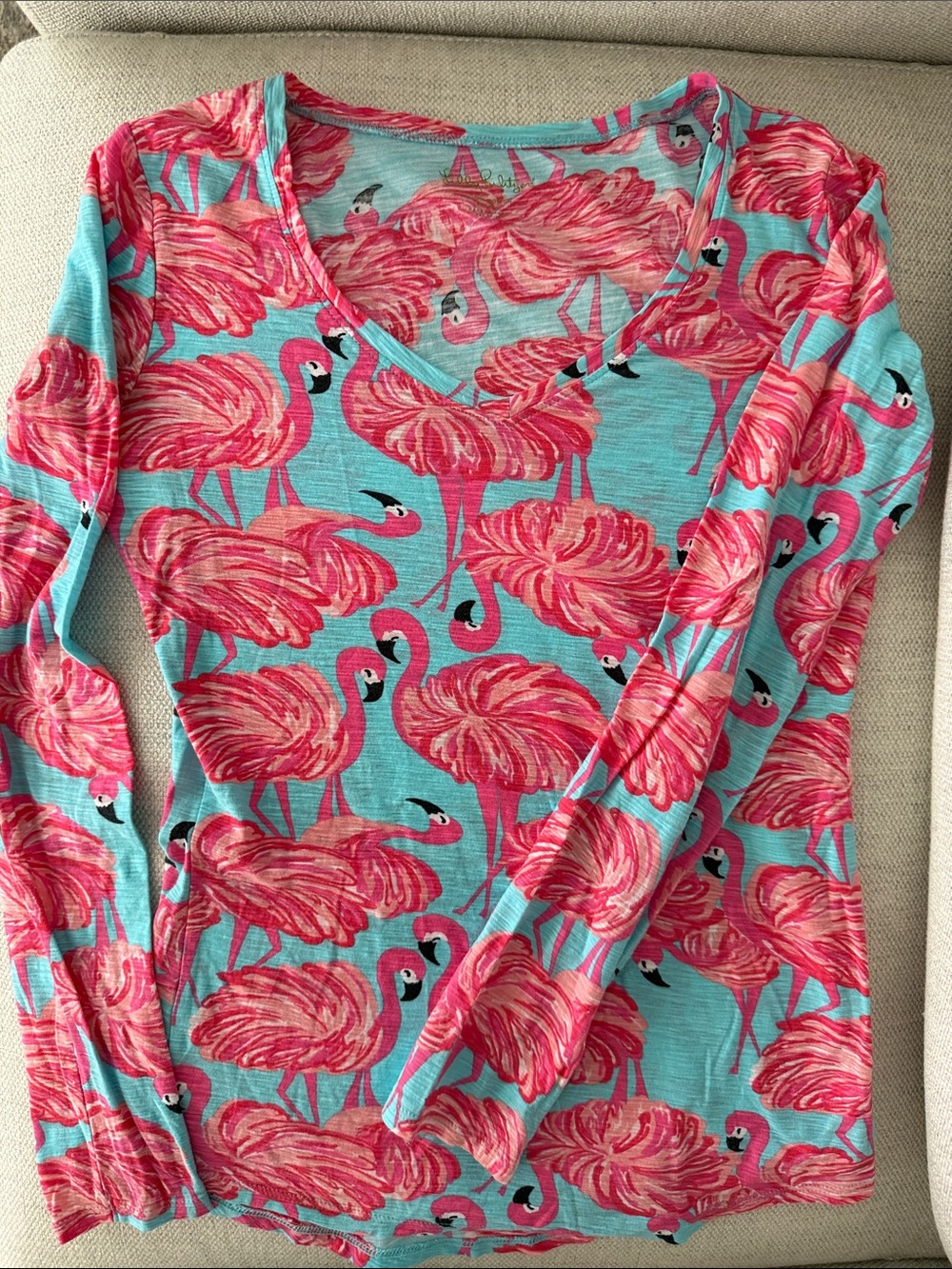 Lilly Pulitzer Turquoise Long Sleeve Top with Pink Flamingo Print